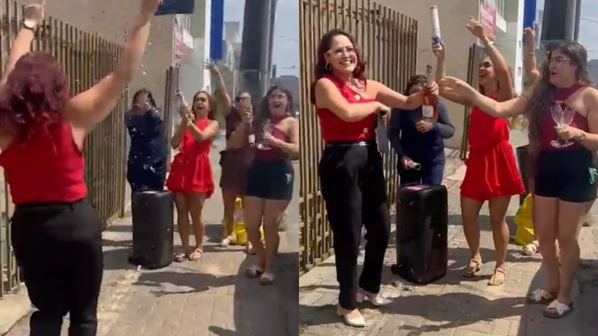 Enfermeira comemora divórcio com espumante na porta de cartório no TO